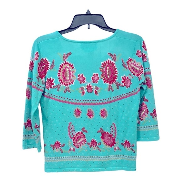 Joseph A. Teal Floral Knit Top L 3/4 Sleeve Stretch Boho Retro Mod Pattern Sz L - Picture 4 of 12
